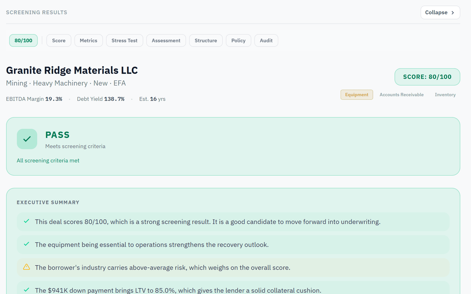 Tranche screening result showing a score of 80, a PASS verdict, and the executive summary